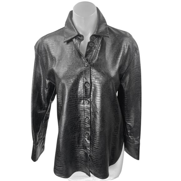 Zara Women's Black Faux Leather Vegan Croc Long Sleeve Button Up Jacket Size S - Picture 1 of 5